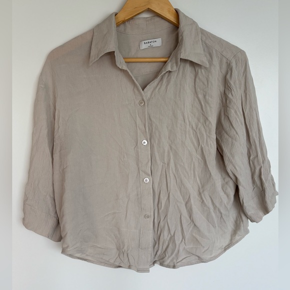 🇨🇦 BABATON 20” PTP Viscose Cropped Collared Button-Up Top, Cream, Size Small. - Picture 3 of 11